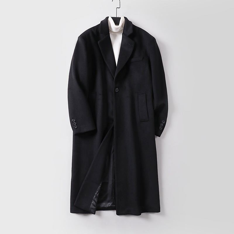 Herren Eleganter langer Einreiher-Wollmantel mit schmalem Revers und taillierter Silhouette Drune