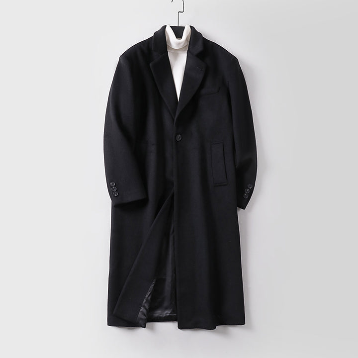 Herren Eleganter langer Einreiher-Wollmantel mit schmalem Revers und taillierter Silhouette Drune