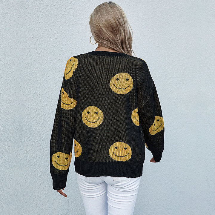 Damen lässiger Strickpullover mit Smiley‑Jacquard und Rundhalsausschnitt Drune