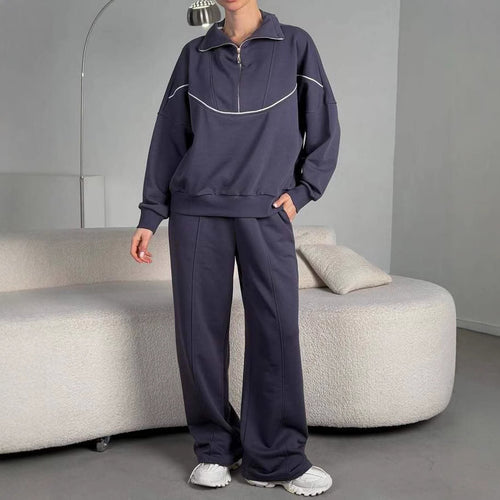 Damen Lockeres Loungewear-Set mit halbhohem Reißverschluss, überschnittenen Schultern und weiter Palazzohose Drune