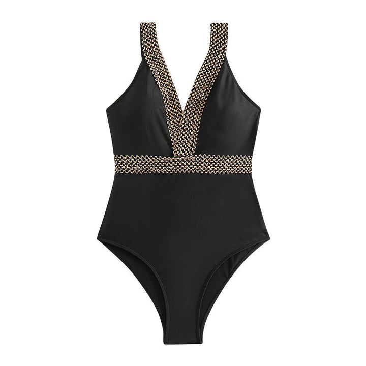 Damen Eleganter Einteiler Badeanzug mit V-Ausschnitt und goldenen Akzenten Drune