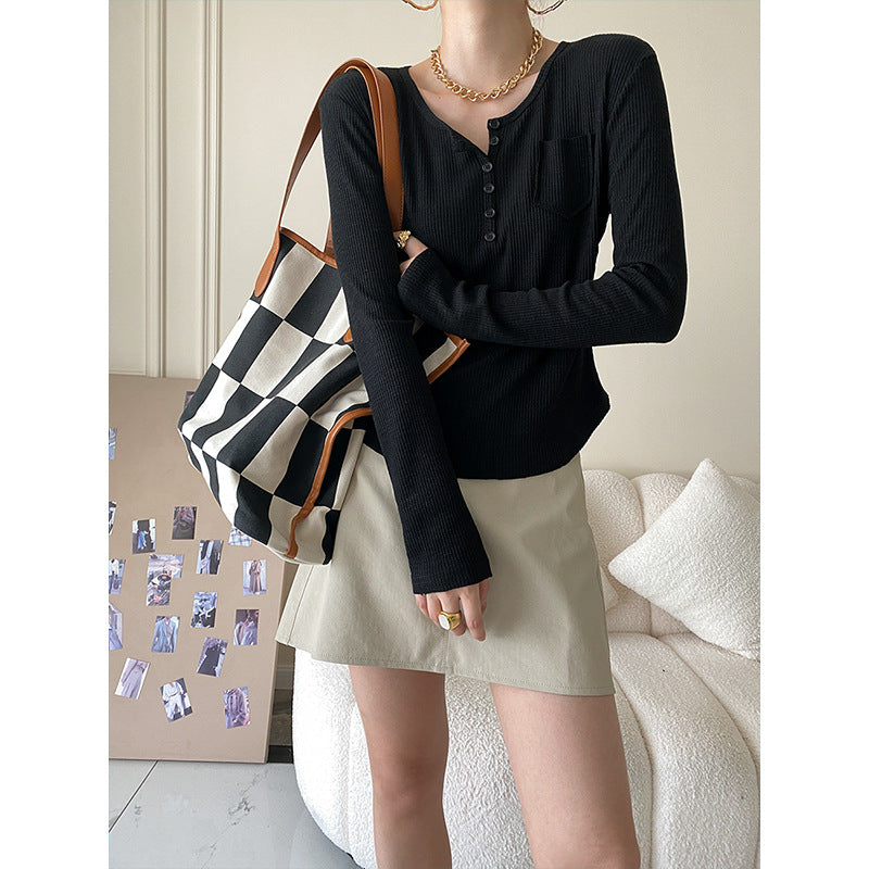 Damen Langarm-Henley-Shirt mit Knopfdetails und feiner Rippstruktur Drune