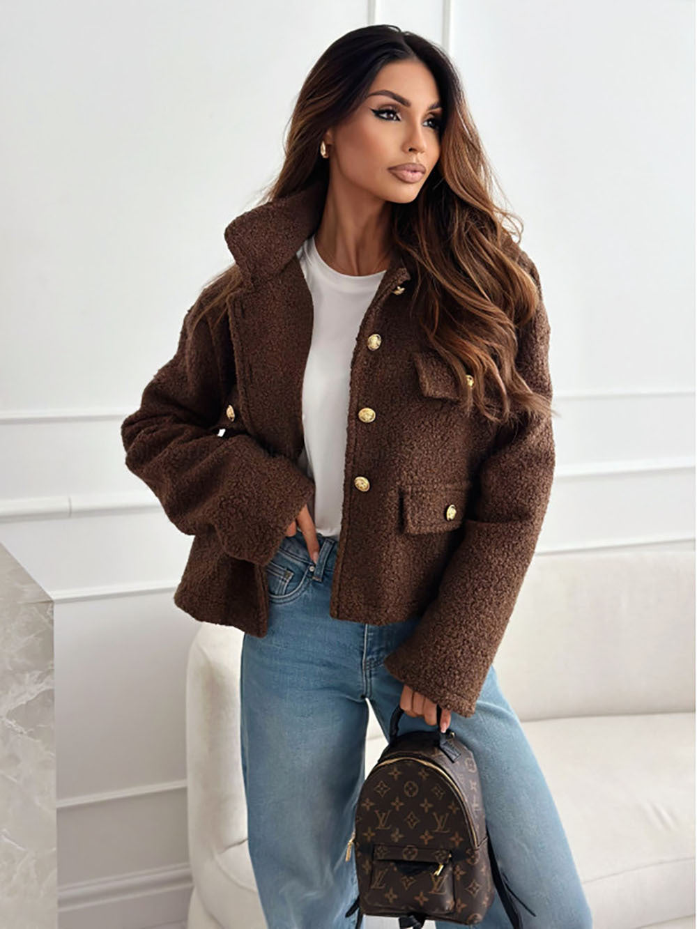 Damen Trendige Bouclé-Jacke mit goldenen Knöpfen und praktischen Taschen Drune