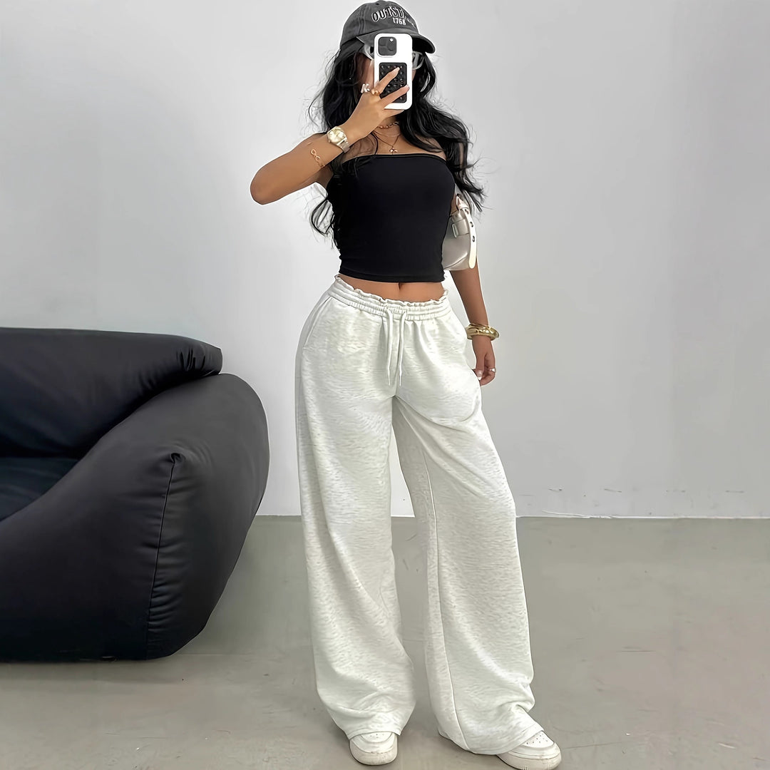 Damen Weiche Lounge-Palazzohose mit gerafftem Smokbund und Tunnelzug Drune