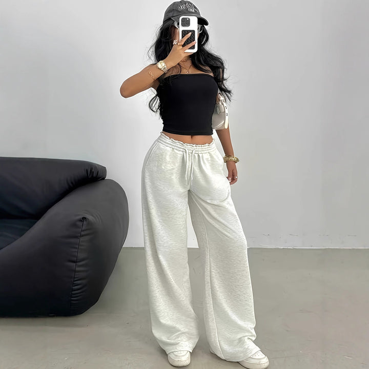 Damen Weiche Lounge-Palazzohose mit gerafftem Smokbund und Tunnelzug Drune