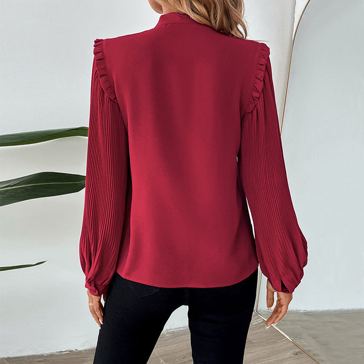 Damen Plissierte Chiffon-Bluse mit Schleifenkragen, Ballonärmeln und Rüschendetail Drune