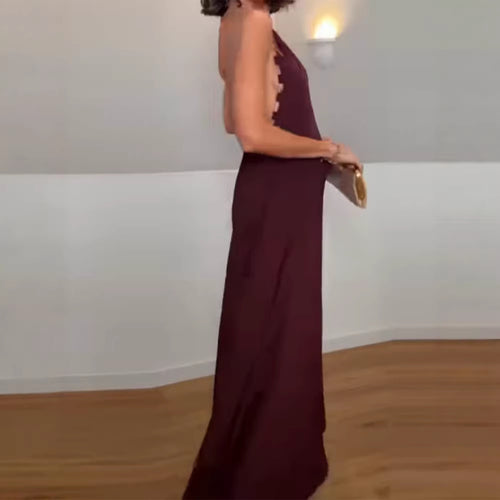 Damen elegantes Maxikleid mit tiefem V-Ausschnitt und fließendem Rock Drune