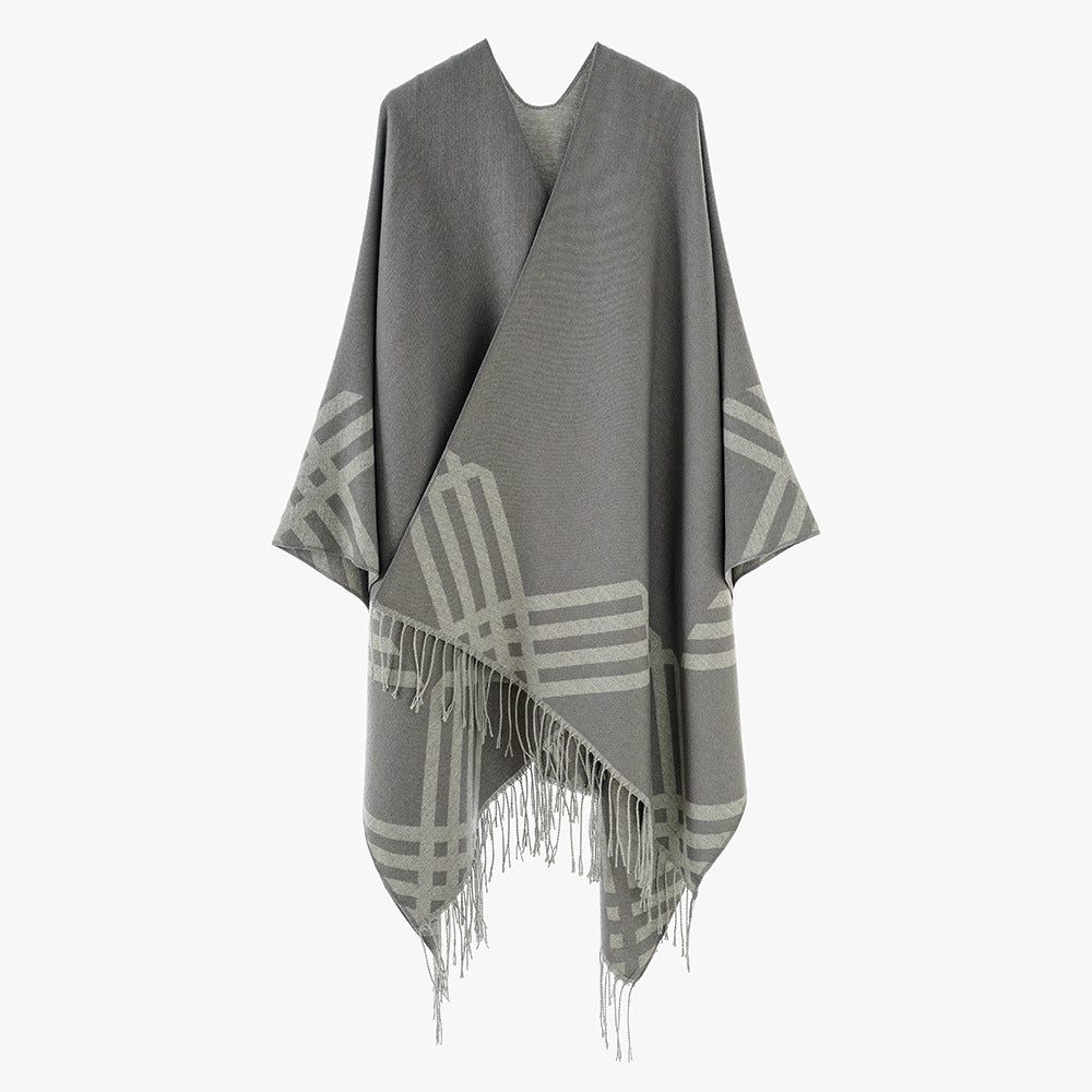 Damen Oversize-Kimono-Poncho aus Wollmix mit grafischem Raster-Jacquard und Fransensaum Drune