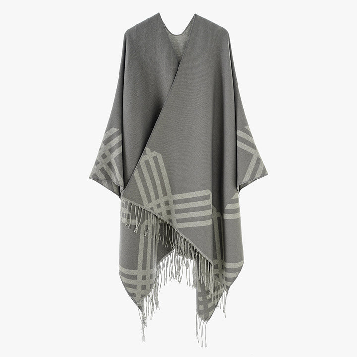 Damen Oversize-Kimono-Poncho aus Wollmix mit grafischem Raster-Jacquard und Fransensaum Drune