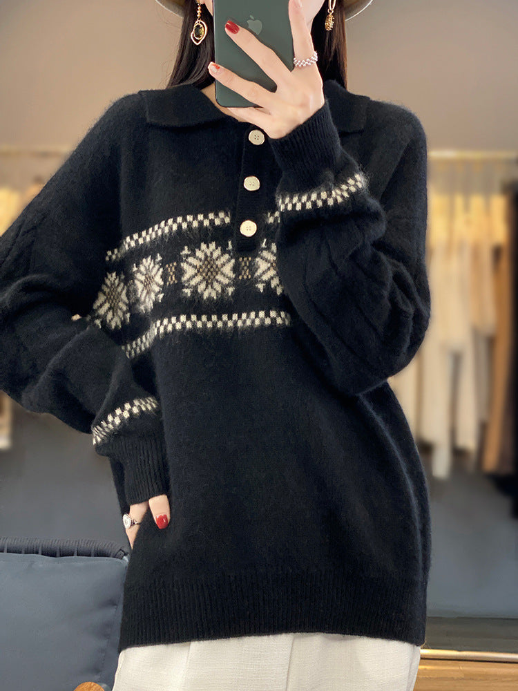 Damen Oversize-Polokragen-Strickpullover mit Norweger‑Motiv und Raglanärmeln Drune