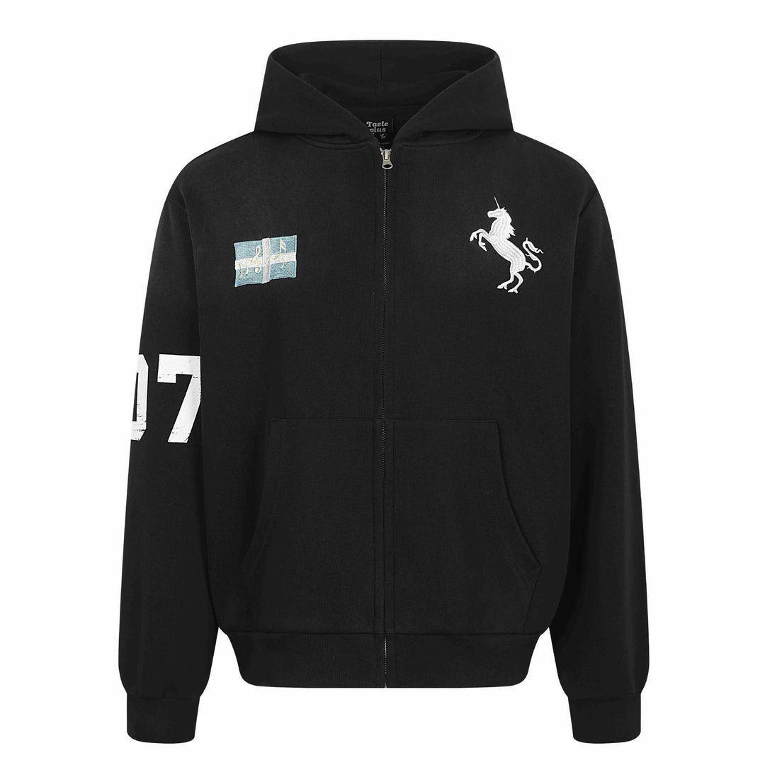 Damen Zip-Hoodie mit gesticktem Einhorn-Motiv und Musikpatch Drune