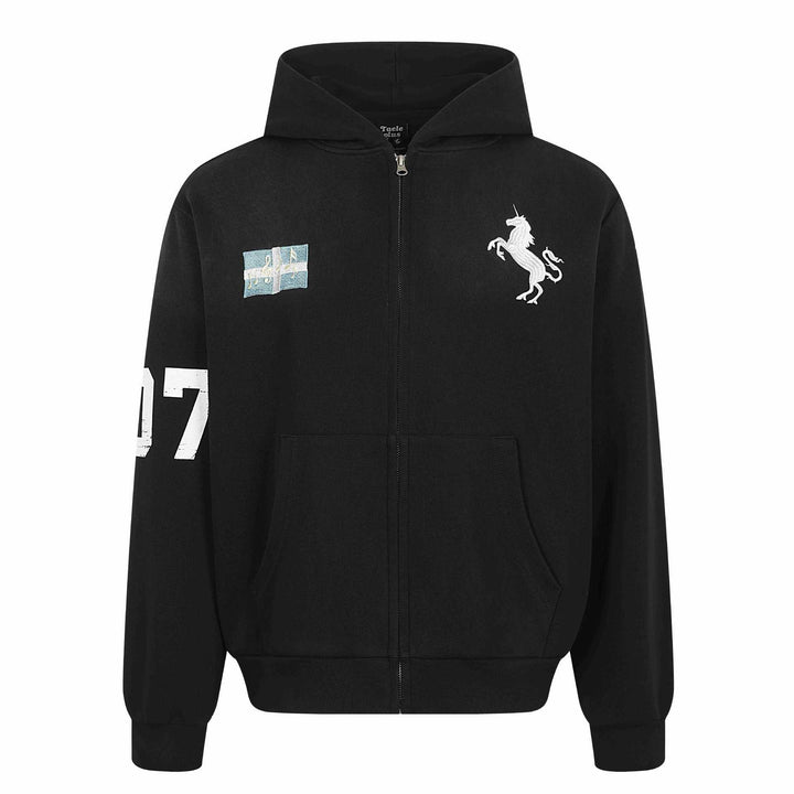 Damen Zip-Hoodie mit gesticktem Einhorn-Motiv und Musikpatch Drune