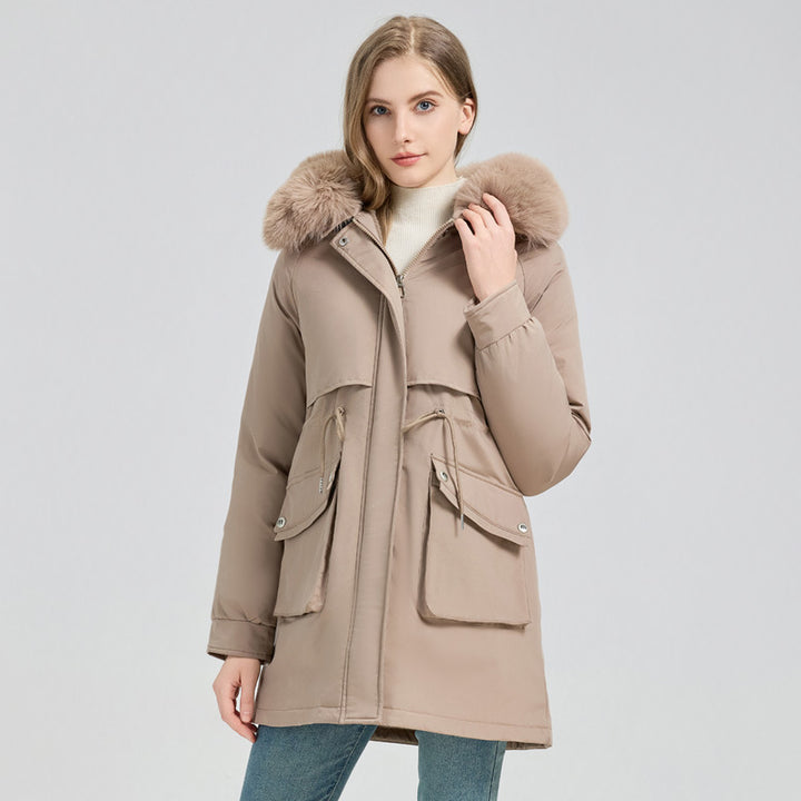 Damen Midilanger Thermoparka mit Teddy-Innenfutter, abnehmbarem Kunstpelzkragen und Taillenregulierung Drune