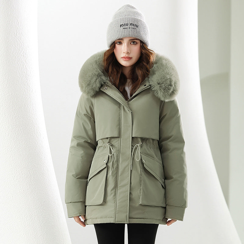 Damen Modische Winterjacke mit abnehmbarer Kapuze und hochwertigem Kunstfell Drune
