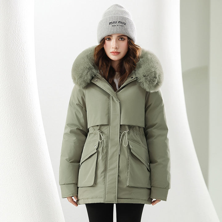 Damen Modische Winterjacke mit abnehmbarer Kapuze und hochwertigem Kunstfell Drune