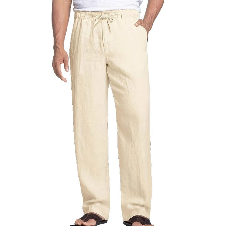 Herren Leichte Leinen-Baumwoll-Hose mit elastischem Bund, Kordelzug und geradem Bein Drune