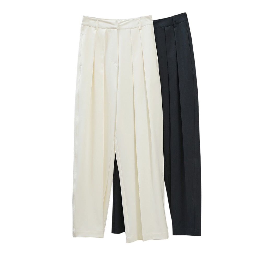 Damen Weite hochtaillierte Palazzo-Hose mit doppelter Bundfalte und fließender Satin-Optik Drune