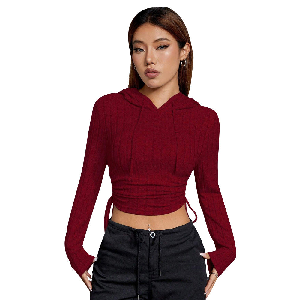 Damen geripptes Crop-Hoodie mit Tunnelzugseitennähten, figurbetonter Silhouette und langen Ärmeln Drune
