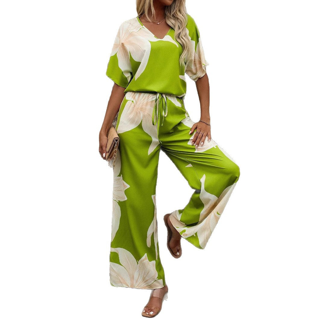 Damen luftiger Hosenanzug mit floralem Print und elastischem Bund Drune