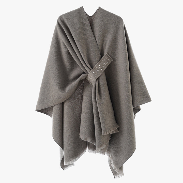 Damen Eleganter Wickel-Umhang aus Wollmischung mit Taillenschärpe und Fransensaum Drune