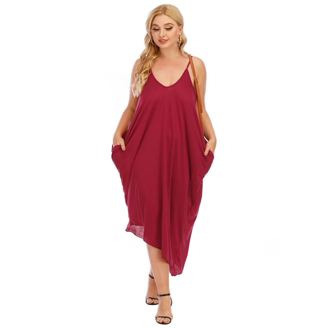 Damen lässiges Maxikleid mit tiefem V-Ausschnitt und Seitentaschen Drune