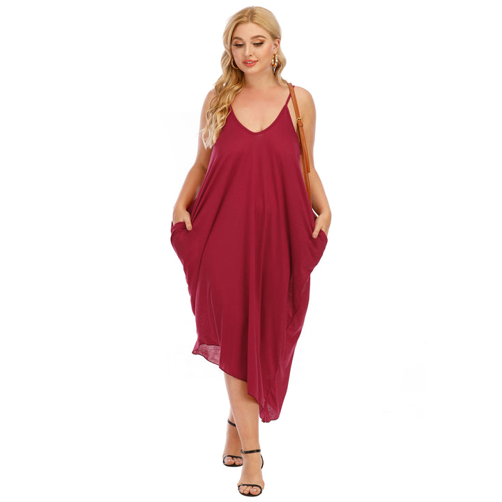 Damen lässiges Maxikleid mit tiefem V-Ausschnitt und Seitentaschen Drune
