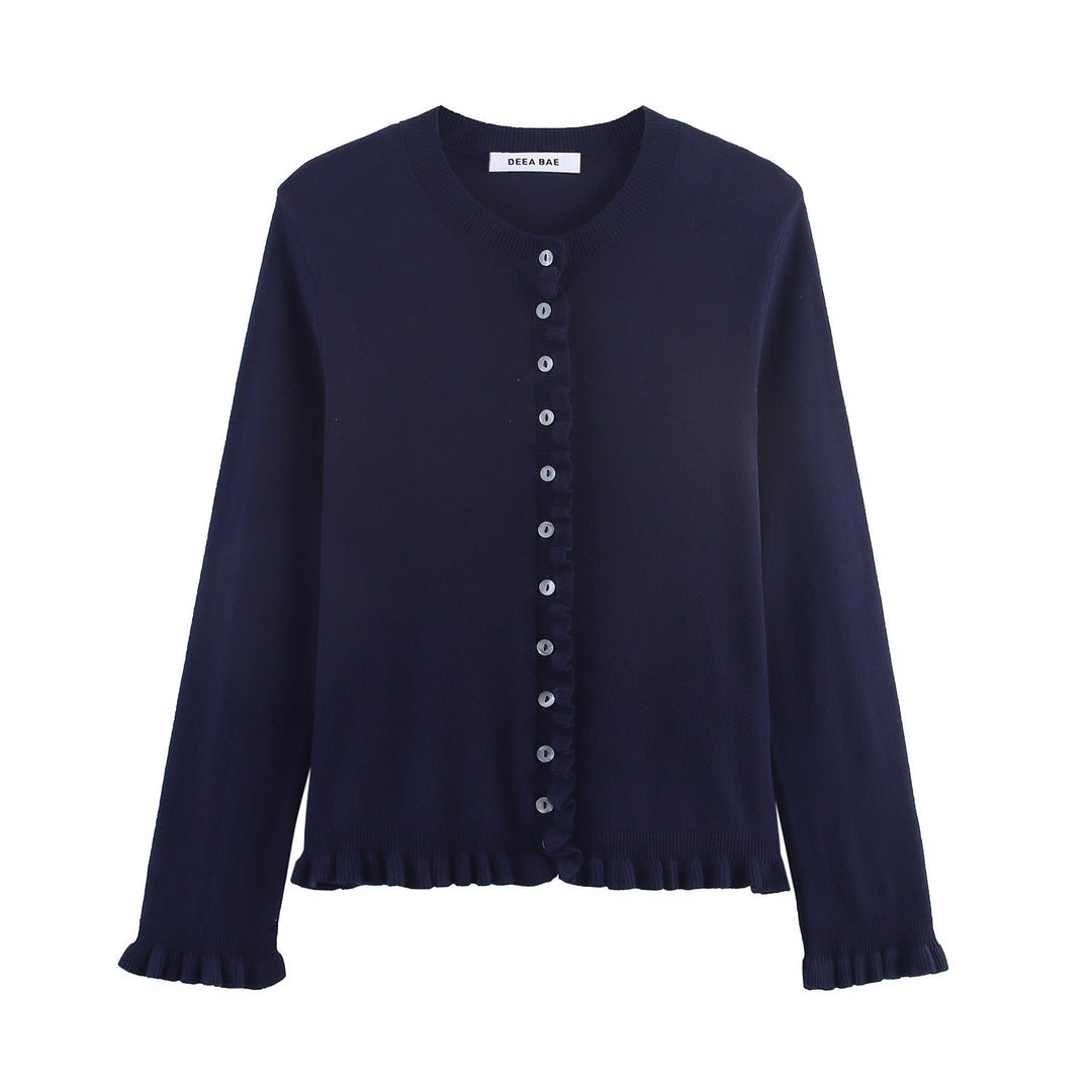 Damen Feiner Strickcardigan mit Rüschenblende und Perlmuttknöpfen Drune
