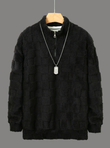 Herren karierter Sherpa-Halbzip-Pullover mit hohem Stehkragen und weicher Teddy-Fleece-Qualität Drune
