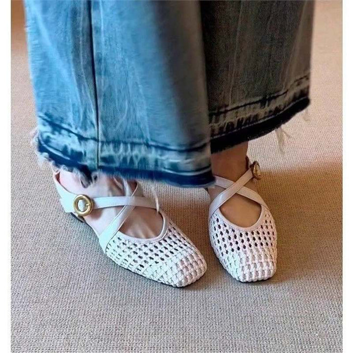 Damen Geflochtene Mule-Ballerinas mit T-Riemen und dekorativer Rosenapplikation Drune