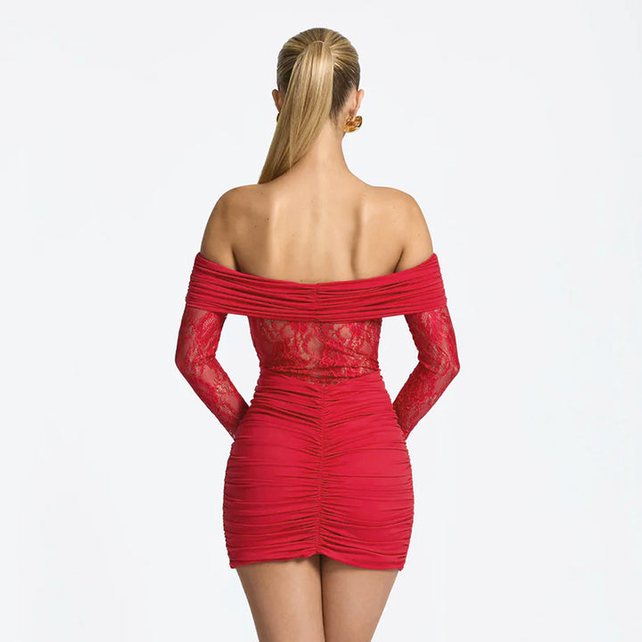 Damen elegantes Spitzenkleid mit Off-Shoulder-Ausschnitt und Raffungen Drune