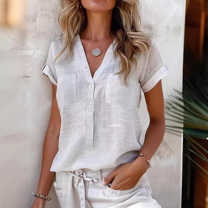 Damen Kurzarm Bluse mit Knopfleiste und Brusttaschen Drune