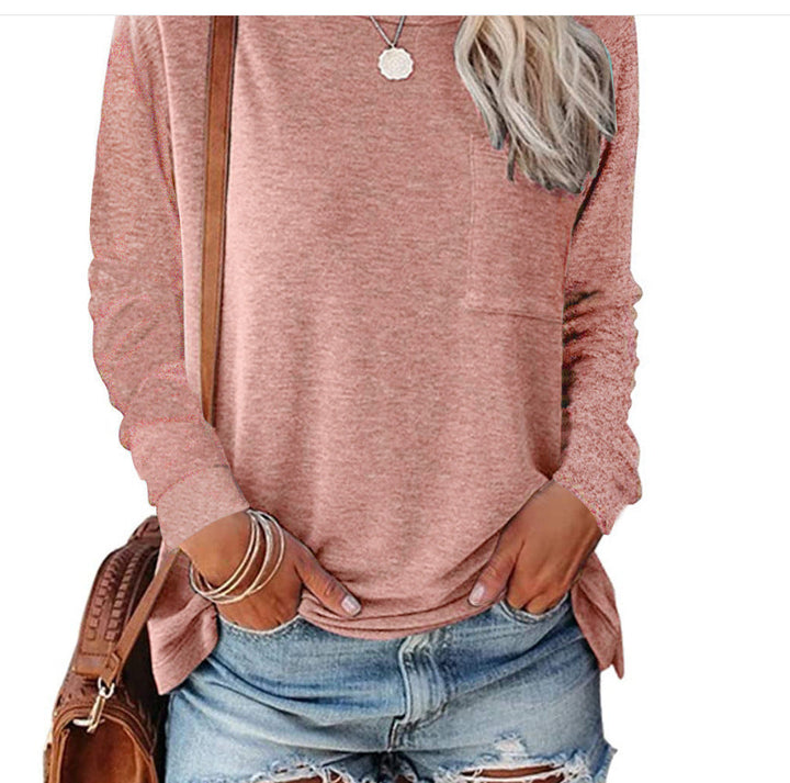 Damen lässiges Langarmshirt mit Taschen und Rundhalsausschnitt Drune