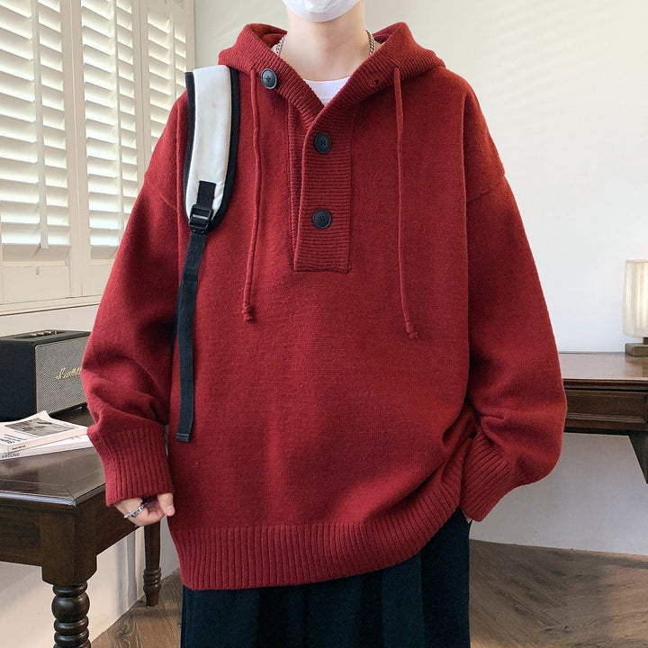 Unisex Oversize Strick-Hoodie mit Halbknopfblende und Rippbündchen Drune