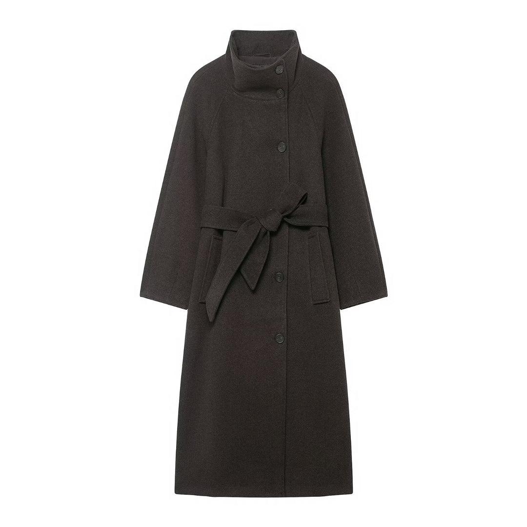 Damen Wollmantel mit Taillengürtel, Stehkragen und Raglanärmeln Drune