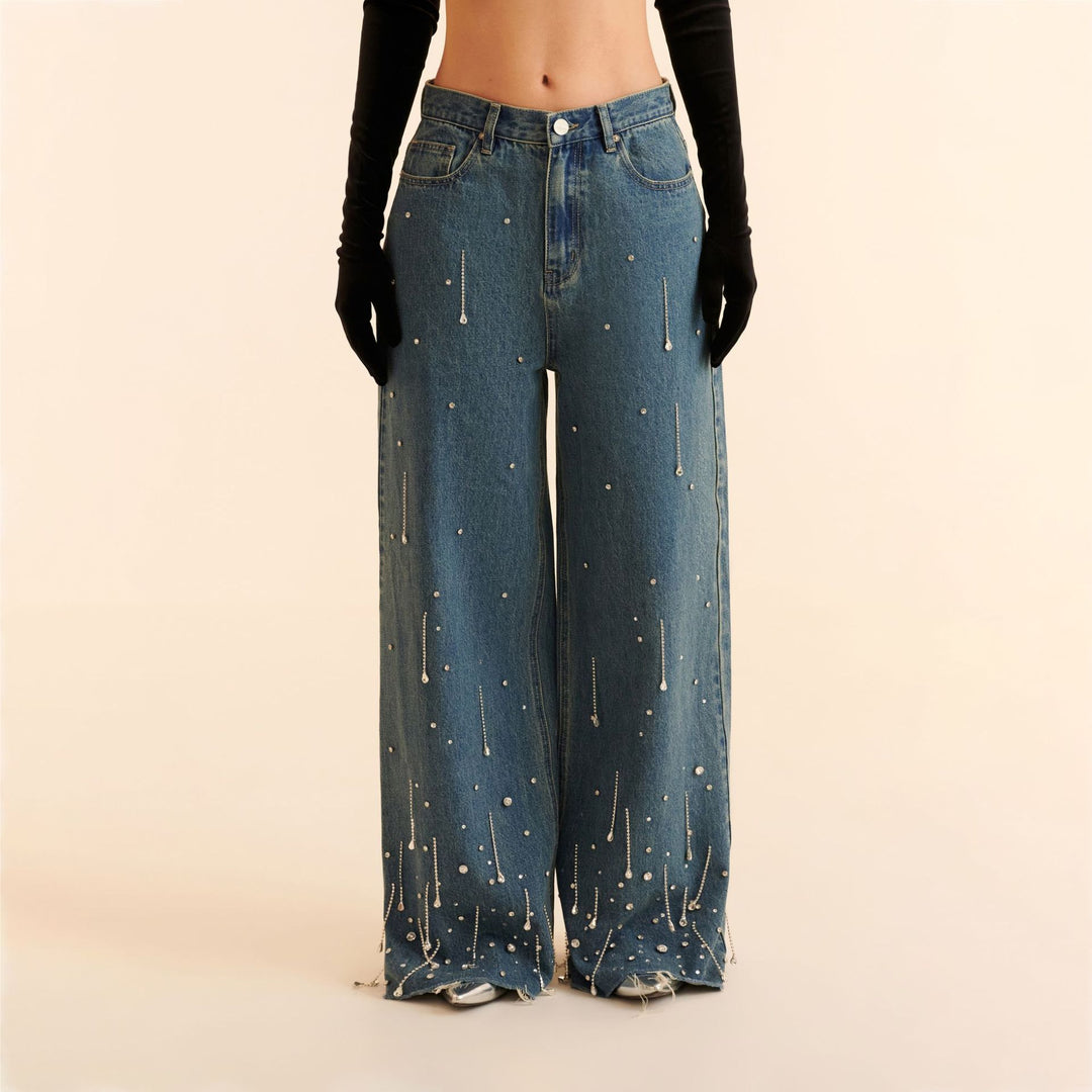Damen Weit geschnittene Jeans mit funkelnden Perlenakzenten und lässigem Design Drune