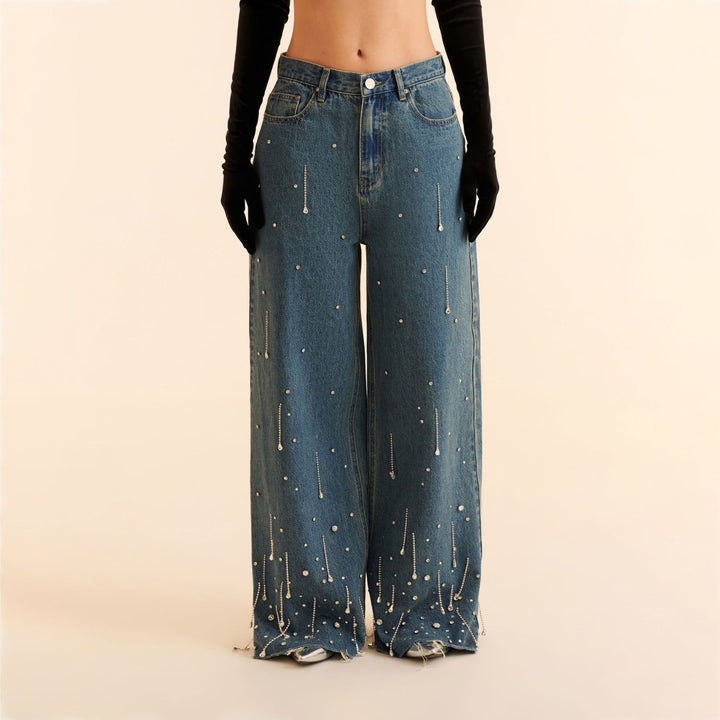 Damen Weit geschnittene Jeans mit funkelnden Perlenakzenten und lässigem Design Drune