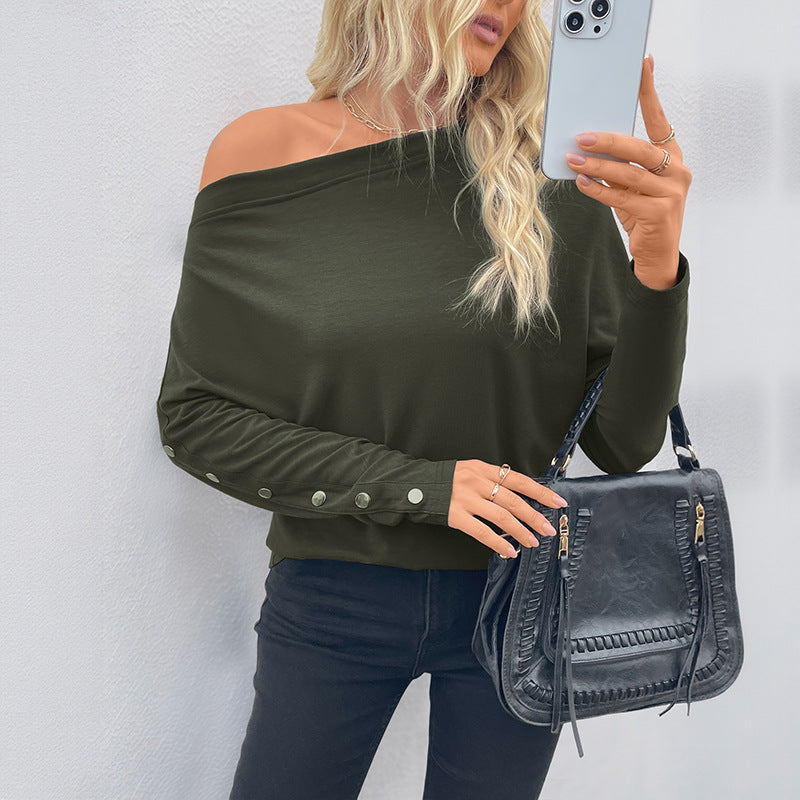 Damen Oversized schulterfreies Langarmshirt mit Fledermausärmeln und Knopfmanschetten Drune