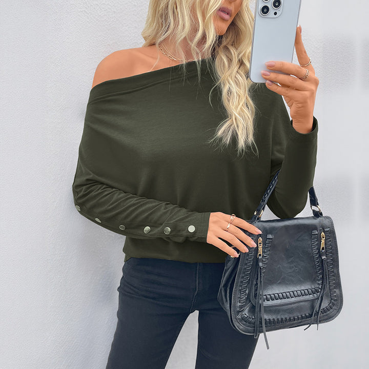 Damen Oversized schulterfreies Langarmshirt mit Fledermausärmeln und Knopfmanschetten Drune