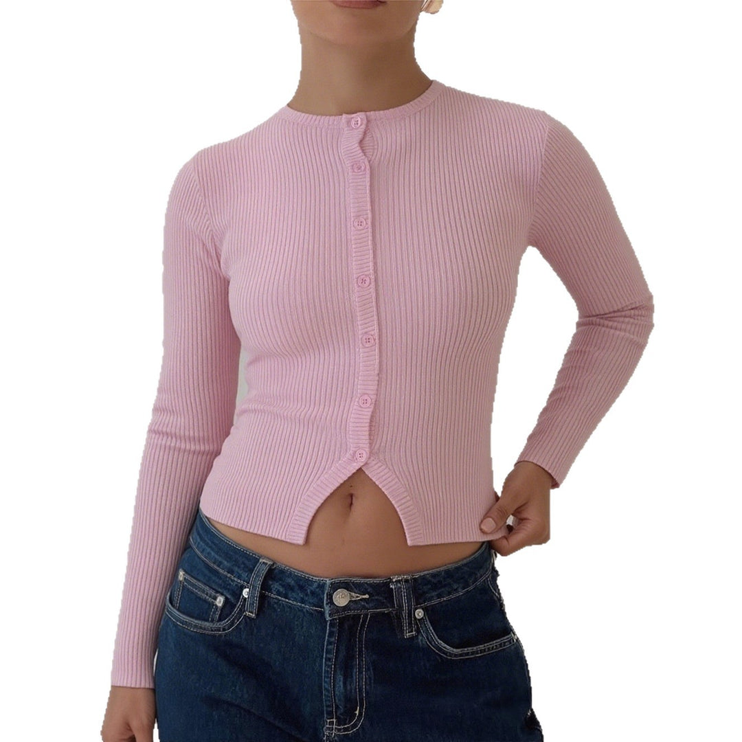 Damen nan kurze gerippte Knopfstrickjacke mit Rundhalsausschnitt, taillierter Passform und Stretchanteil Drune