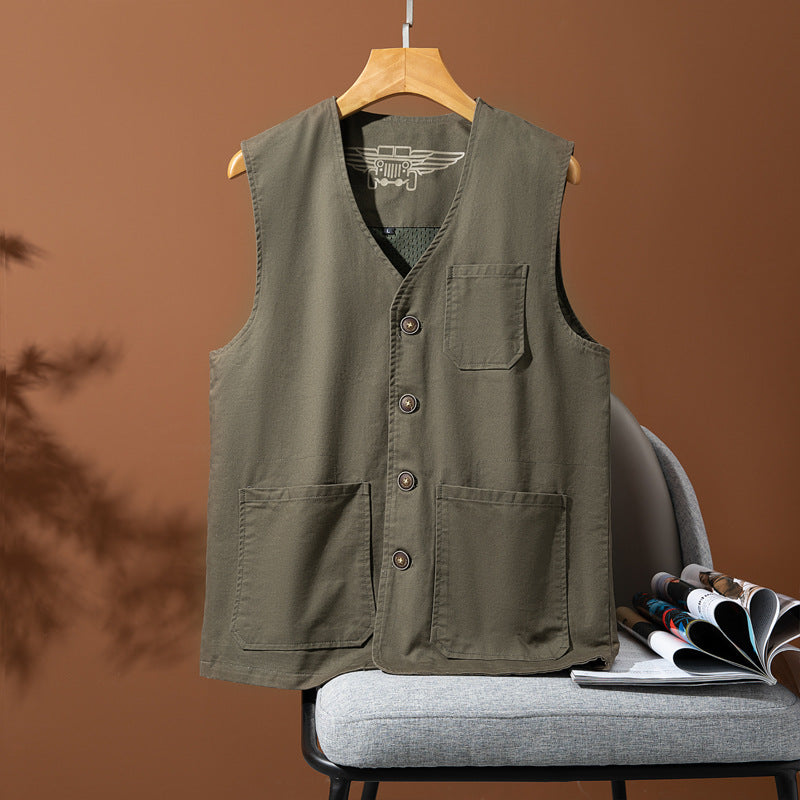 Herren Canvas-Utility-Weste mit Mehrfachtaschen und Knopfleiste Drune