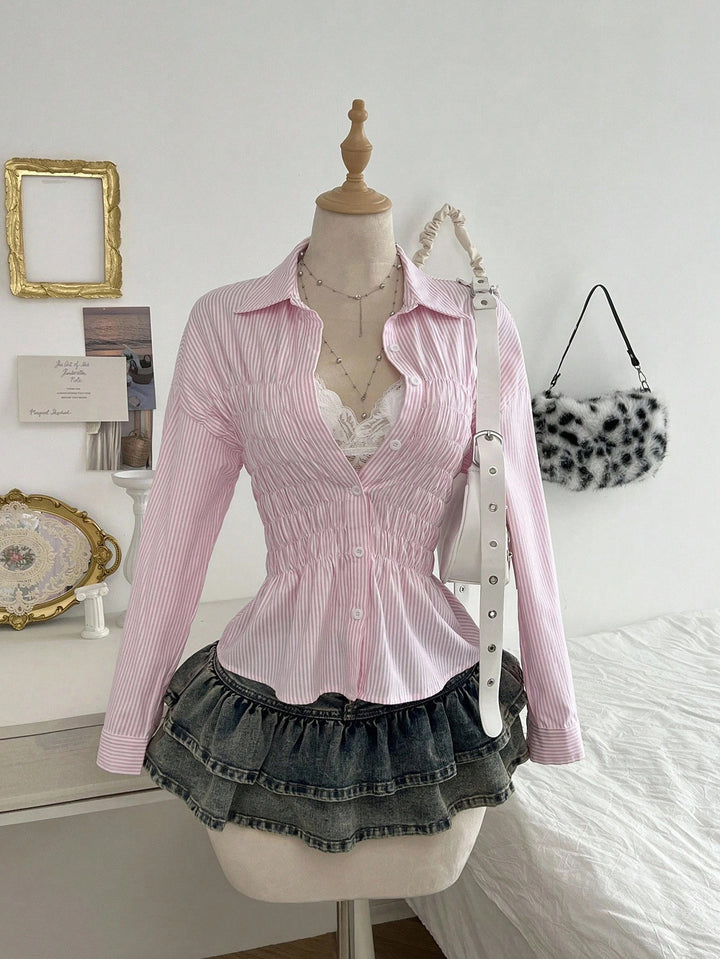 Damen nan taillierte Hemdbluse mit geraffter Brustpartie und Schößchen Drune