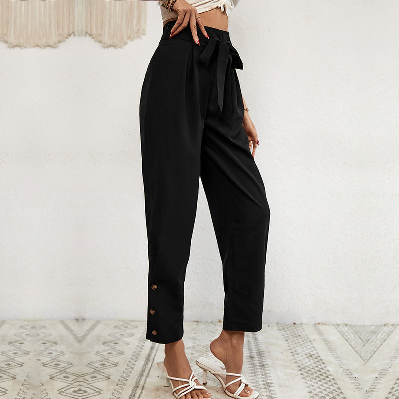 Damen Hochtaillierte Paperbag-Hose mit Bindegürtel, tapered Bein und Zierknopfleiste Drune