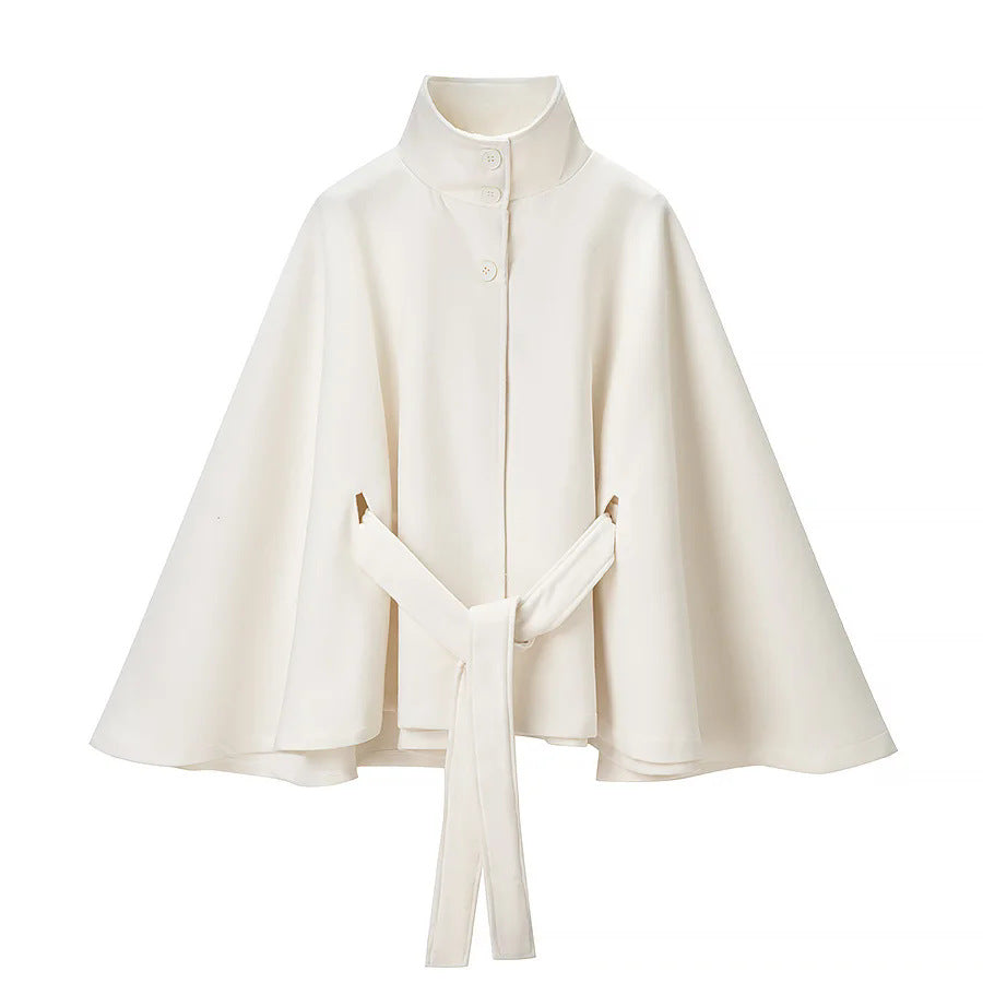 Damen nan tailliertes Cape mit Stehkragen, Knopfverschluss und Bindegürtel Drune