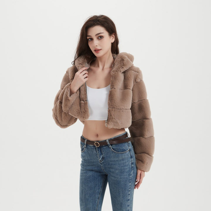 Damen Cropped Kunstpelzjacke mit horizontaler Panelstruktur und Reißverschluss Drune