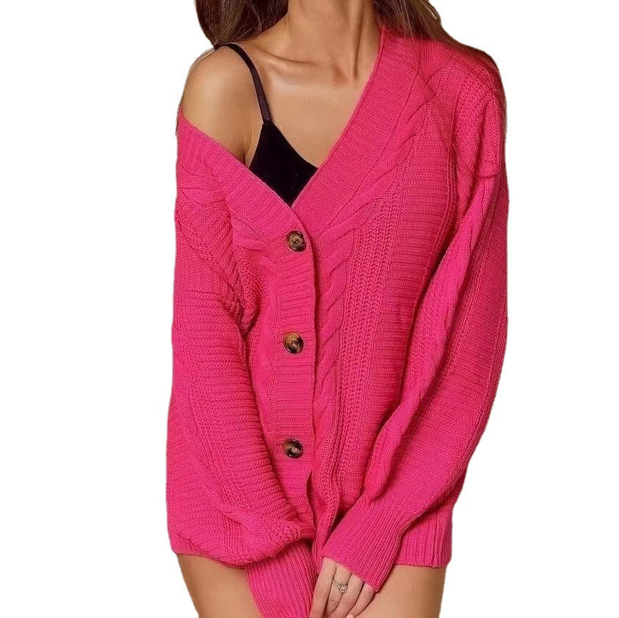 Damen trendige Grobstrickjacke mit vorderen Knöpfen und Rippstruktur Drune