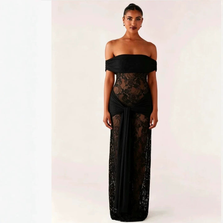 Damen Elegant drapiertes Spitzenkleid mit off-shoulder Design Drune