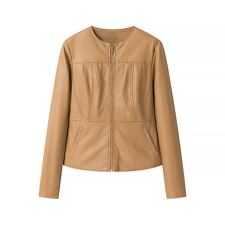Damen nan leichte vegane Lederjacke mit Rundhalsausschnitt, tailliertem Schnitt und durchgehendem Reißverschluss Drune
