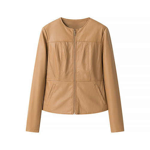 Damen nan leichte vegane Lederjacke mit Rundhalsausschnitt, tailliertem Schnitt und durchgehendem Reißverschluss Drune