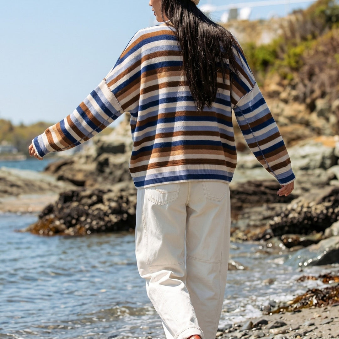 Damen Gestreifter Strickpullover mit Polokragen & Knopfleiste Drune