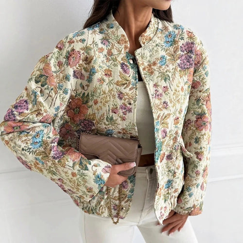 Damen Florale Jacquard-Steppjacke mit Stehkragen und elastischem Saum Drune